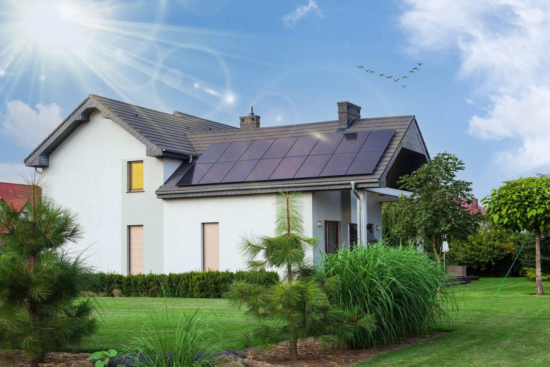 Modern white home with solar panels across a pitched roof and landscaped yard.